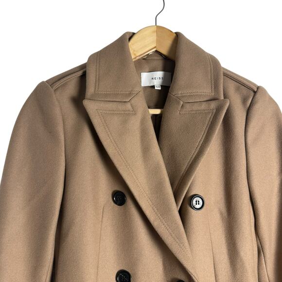 Reiss Camel Tan Wool l Double Breasted Long Coat Size 2 - Picture 2 of 9